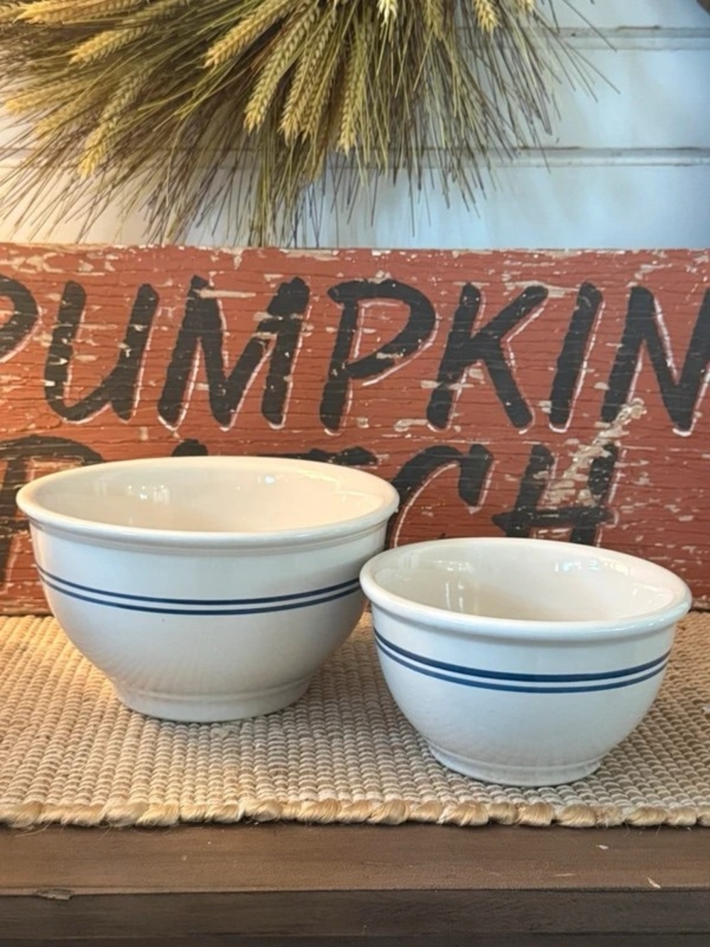 Classic White Ceramic Mixing Bowls with Blue Stripe - Set of 2